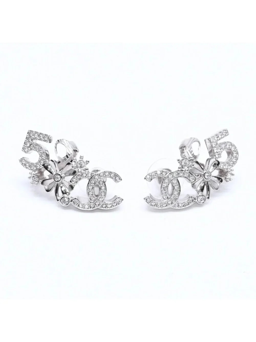 Chanel Earrings Cuff CC Logo & Stamp Metal Rhinestone Silver